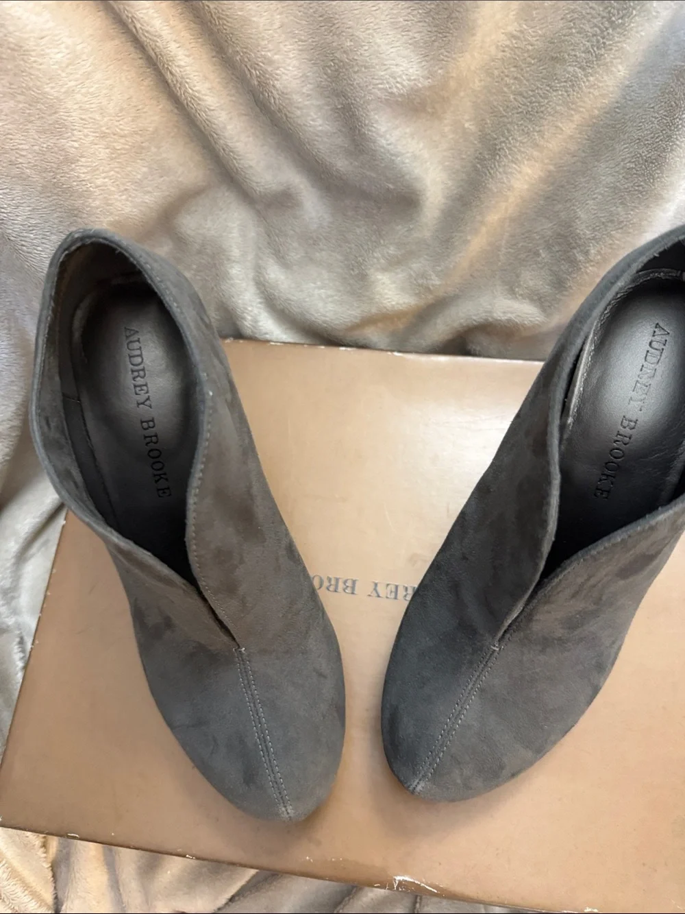 Audrey Brooke Gray Suede V-Cut Ankle Booties